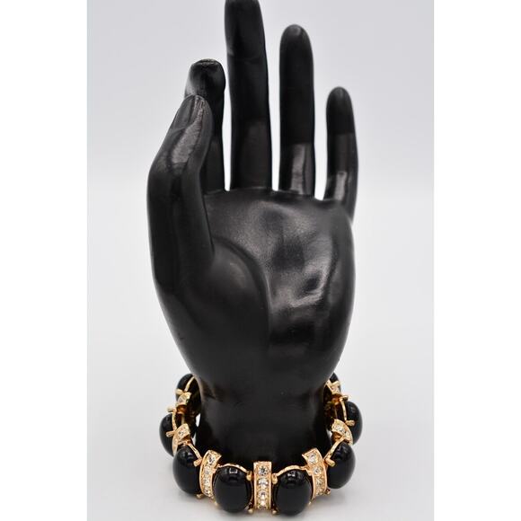 Stretchy Bracelet Black Cabochon Rhinestone Crystal Gold Tone Shiny Bin6 - Picture 8 of 12